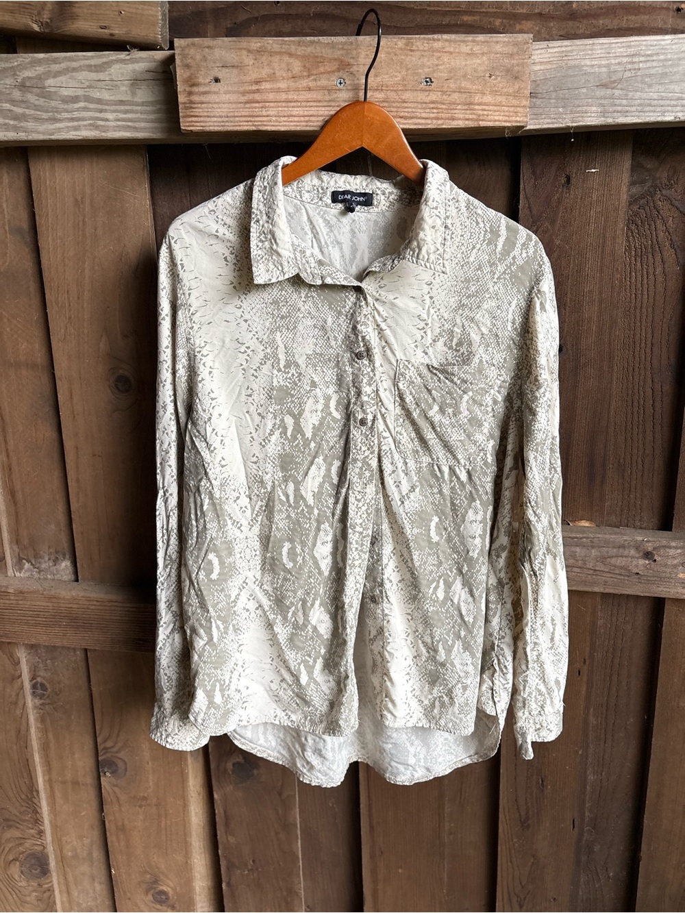 Dear John Beige Snakeskin Animal Print Tencel Button Down Top
